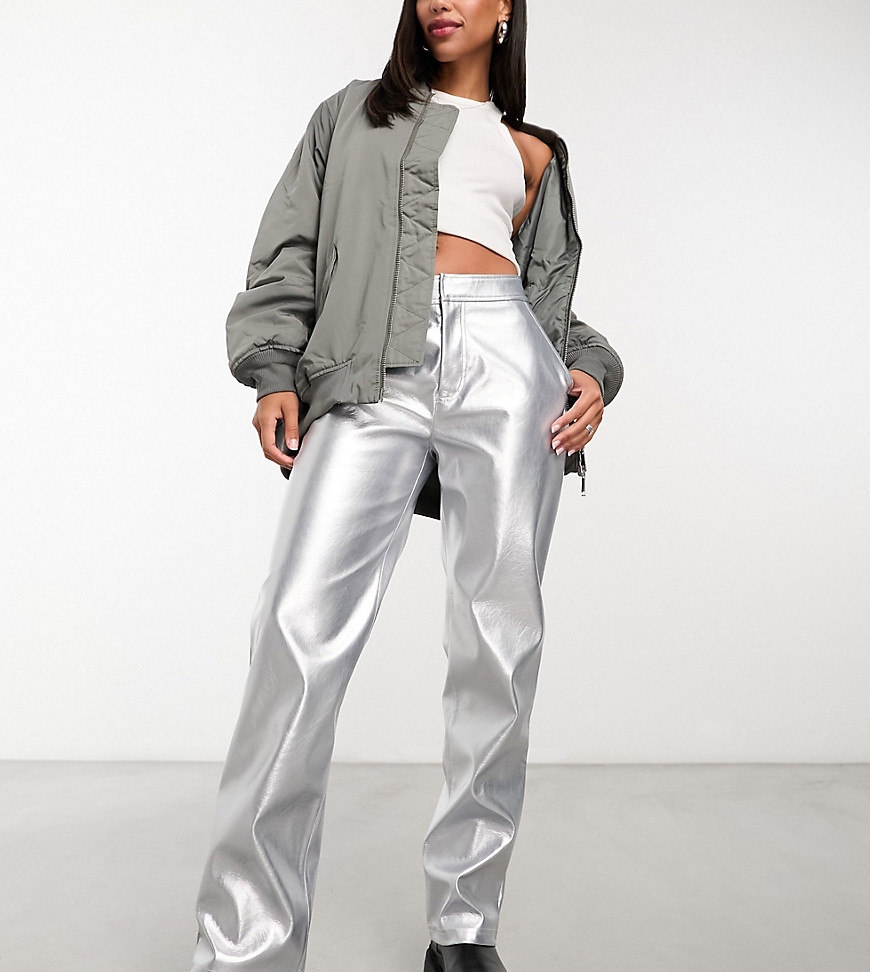 ASOS DESIGN faux leather straight leg trouser in metallic-Silver
