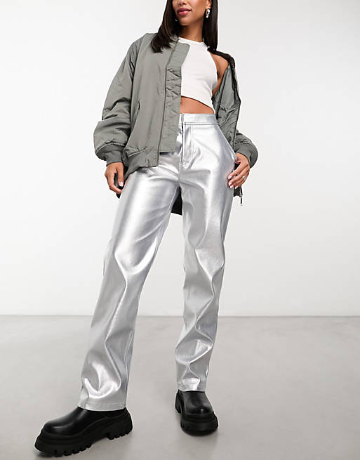 ASOS DESIGN faux leather straight leg trouser in metallic | ASOS