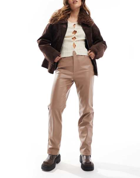 ASOS DESIGN faux leather straight leg trouser in mocha - view 1