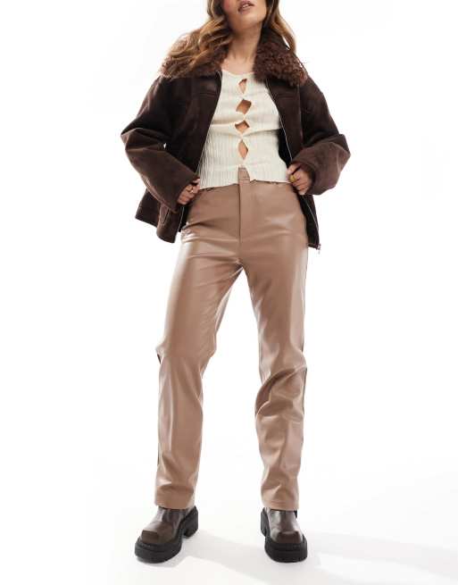 ASOS DESIGN faux leather straight leg trouser in mocha
