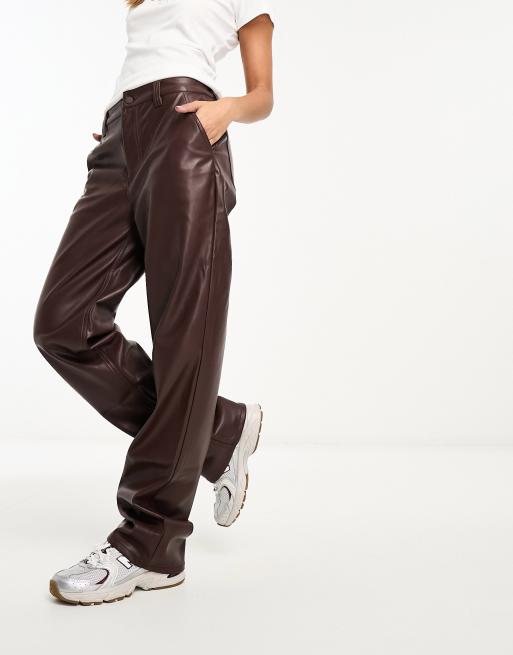 ASOS DESIGN Petite faux leather straight leg trousers in brown