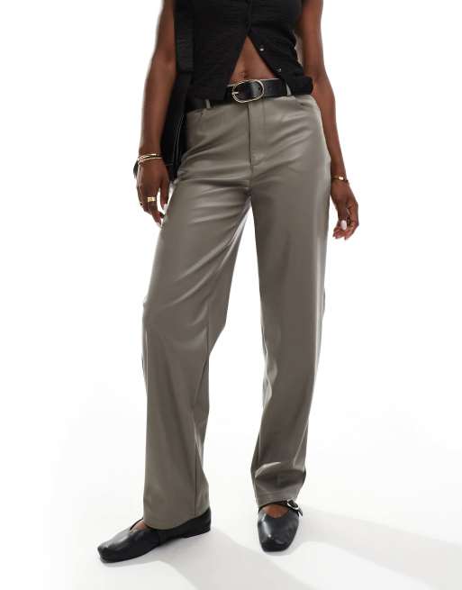 ASOS DESIGN faux leather straight leg trousers in mocha