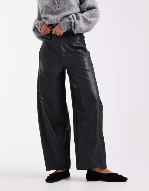 ASOS DESIGN faux leather straight leg trousers with seam detail in navy