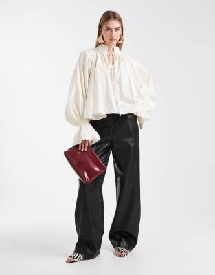 Asos Design Faux Leather Straight Minimal Pants In Neutral