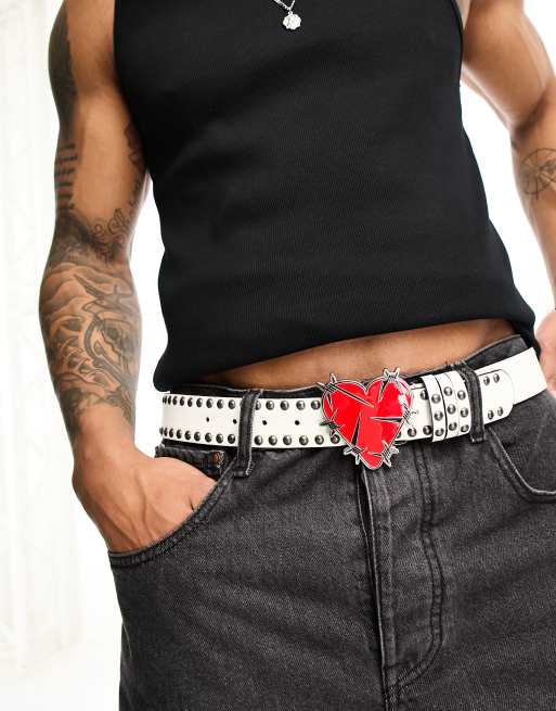 ASOS DESIGN faux leather studded belt with love sucks buckle in white