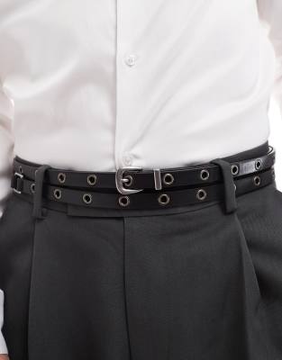 ASOS DESIGN faux leather studded double strap skinny belt - view 1