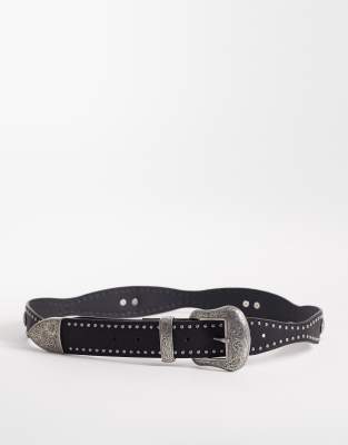Asos Design Faux Leather Studded Western Belt With Engraved-texture Silver-tone Buckle In Black
