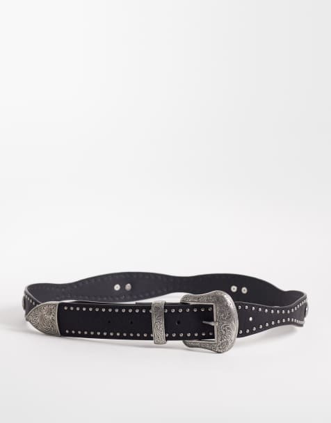ASOS DESIGN faux leather studded western belt with engraved-texture silver-tone buckle in black - view 1
