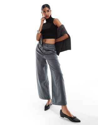 faux leather suedette mix pants in charcoal-Black