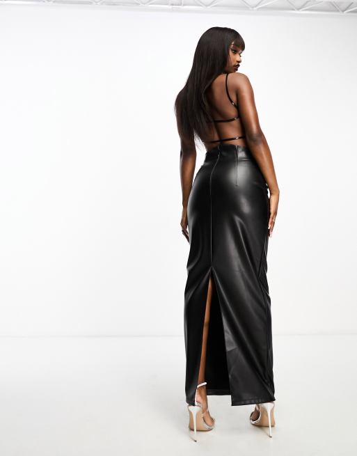 ASOS DESIGN faux leather maxi skirt with front split in black