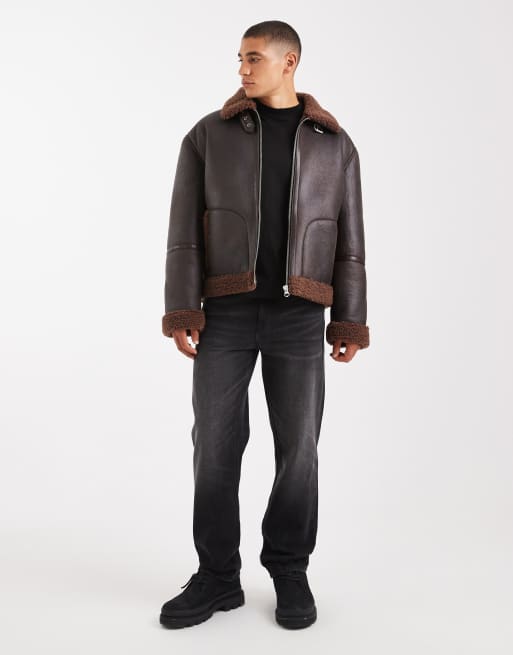 ASOS DESIGN faux leather teddy lined aviator jacket in dark brown