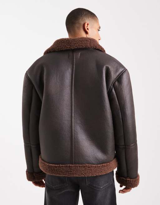 ASOS DESIGN faux leather teddy lined aviator jacket in dark brown