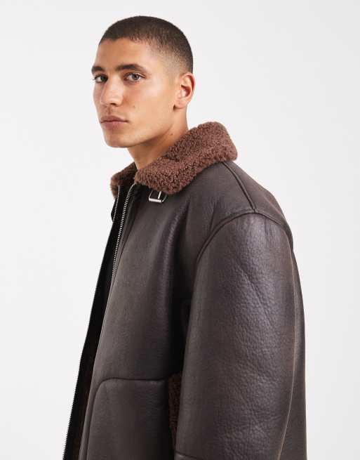 ASOS DESIGN faux leather teddy lined aviator jacket in dark brown