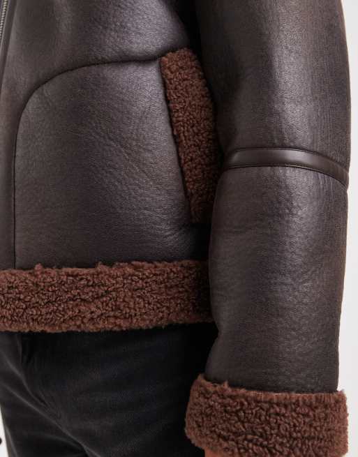 ASOS DESIGN faux leather teddy lined aviator jacket in dark brown