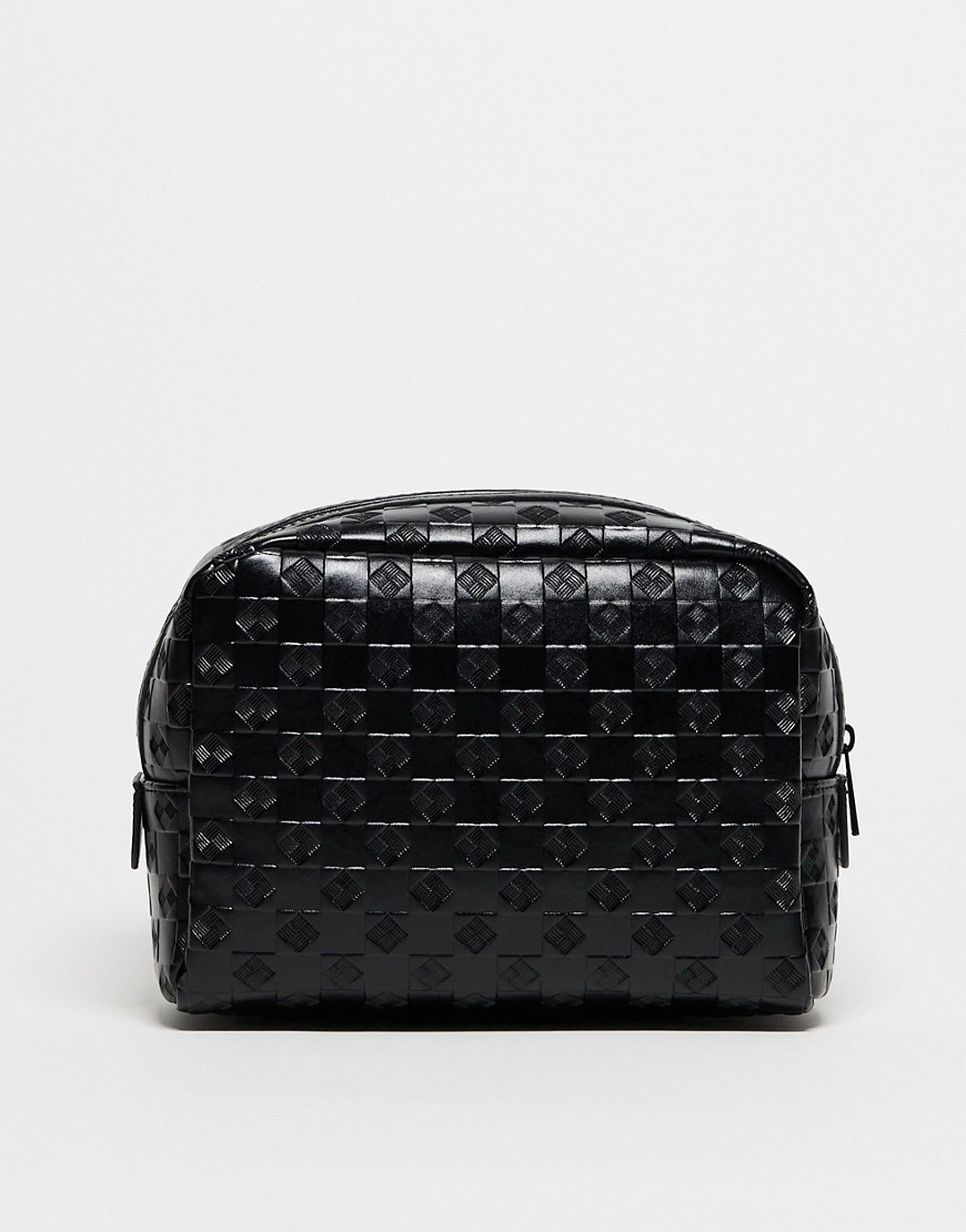 Asos Design Faux Leather Toiletry Bag With Embossed Checkerboard Design In Black