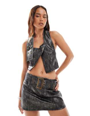 faux leather top in washed black - part of a set