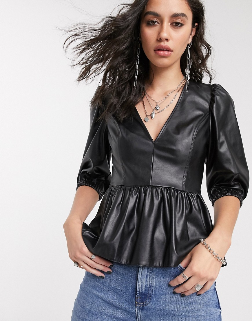 ASOS DESIGN faux leather top with peplum-No Colour