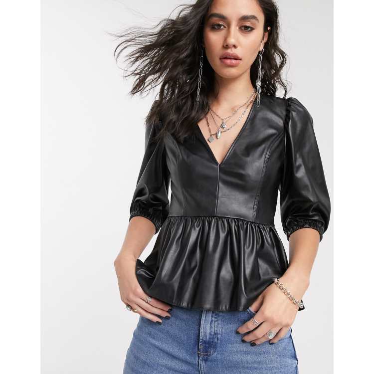 Faux Leather Peplum Puff Sleeve Top