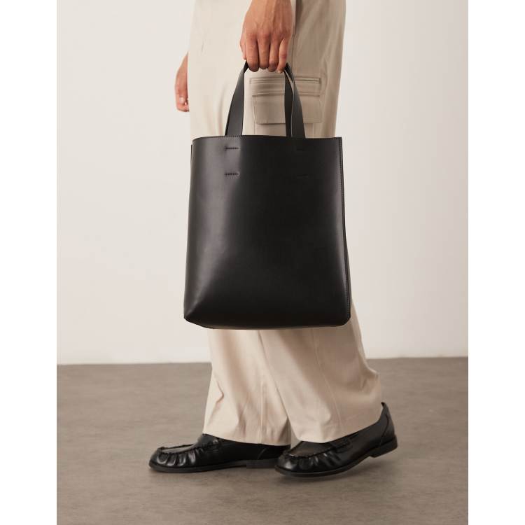 バッグ・カバンその他 YAND FRONT POCKET BIG LEATHER TOTE BAG UNISEX Leather Tote Bag With Pouch - Black Black | NYDJ