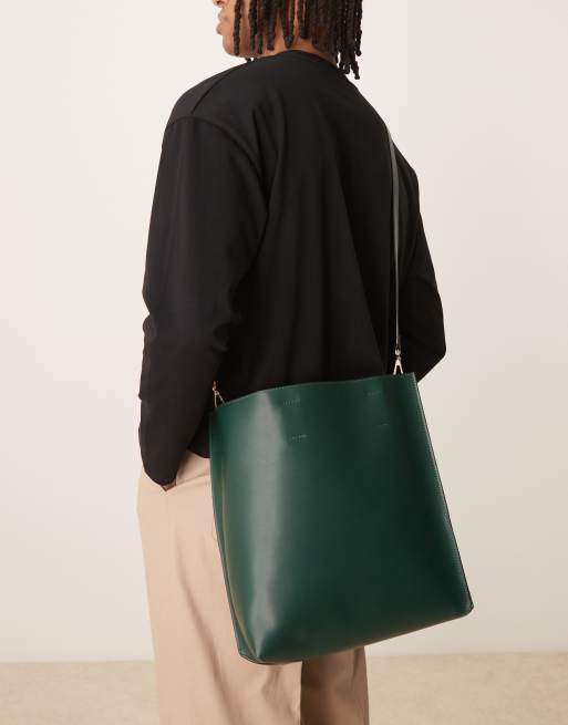 ASOS DESIGN faux leather tote bag with crossbody strap in green