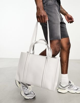 ASOS DESIGN faux leather tote bag with detachable cross body strap in light grey