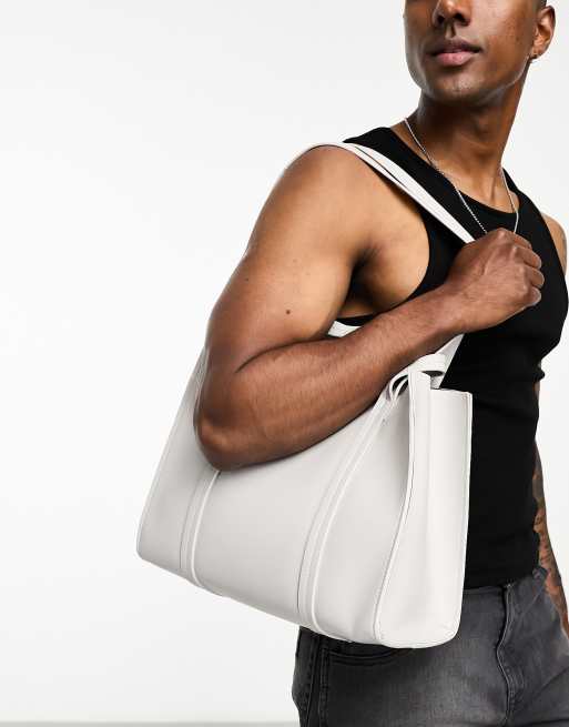 ASOS DESIGN faux leather tote bag with detachable crossbody strap in light grey, 2 of 4