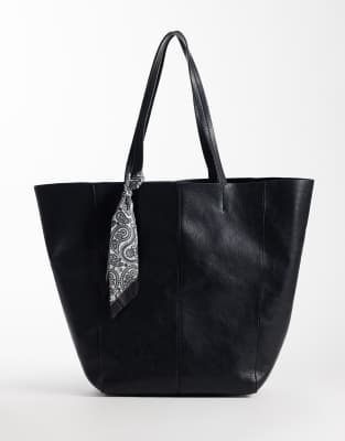 Asos Design Faux Leather Tote Bag With Satin Paisley Scarf In Black