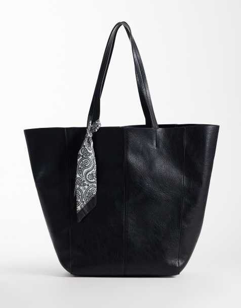 ASOS DESIGN faux leather tote bag with satin paisley scarf in black - view 1