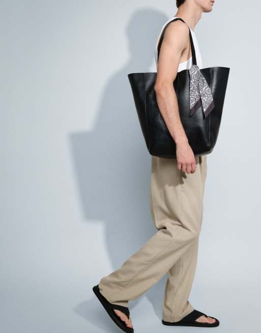 ASOS DESIGN faux leather tote bag with satin paisley scarf in black, 2 of 8