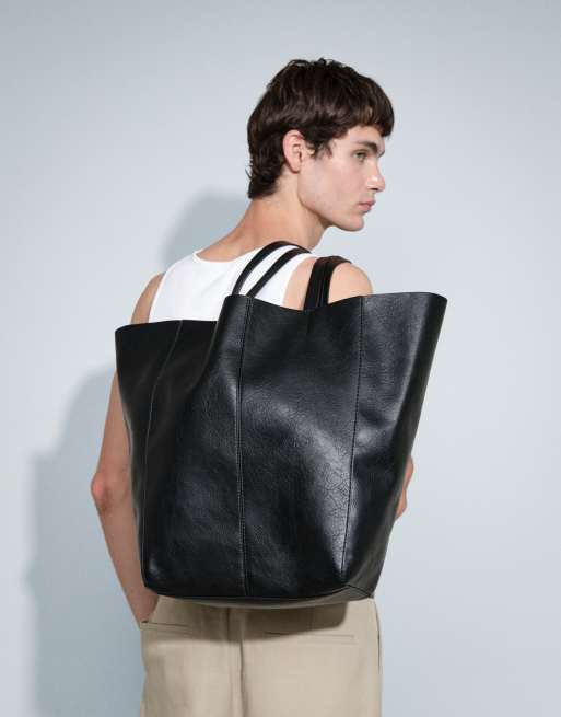 ASOS DESIGN faux leather tote bag with satin paisley scarf in black, 3 of 8