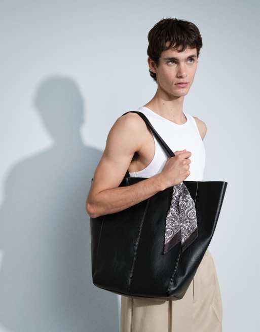 ASOS DESIGN faux leather tote bag with satin paisley scarf in black, 4 of 8