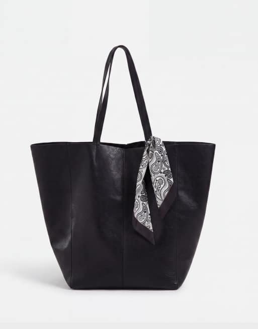 ASOS DESIGN faux leather tote bag with satin paisley scarf in black, 5 of 8