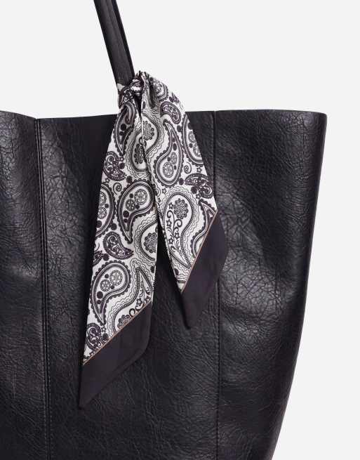 ASOS DESIGN faux leather tote bag with satin paisley scarf in black, 7 of 8