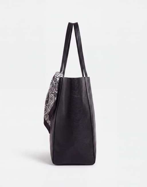 ASOS DESIGN faux leather tote bag with satin paisley scarf in black, 8 of 8