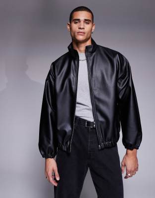 faux leather track jacket in black