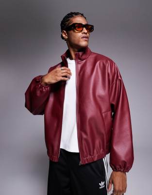 Asos Design Faux Leather Track Jacket In Red