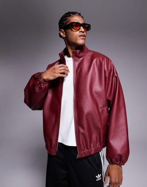 ASOS DESIGN faux leather track jacket in burgundy - view 1