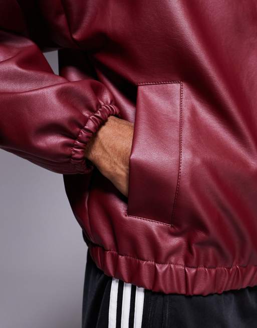 ASOS DESIGN faux leather track jacket in burgundy, 4 of 4