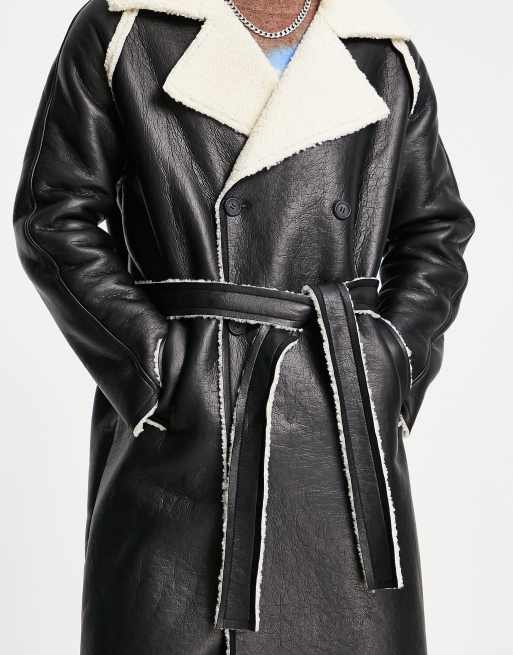 ASOS DESIGN faux leather trench coat in black with ecru borg