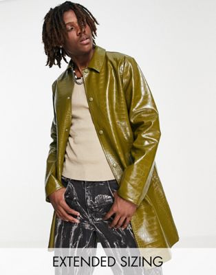 ASOS DESIGN faux leather trench coat in green faux croc
