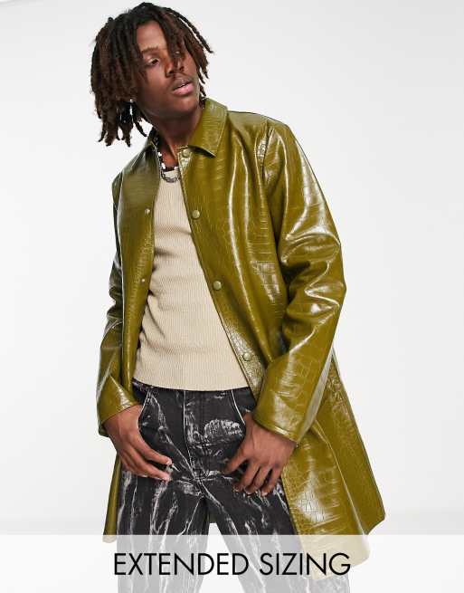 ASOS DESIGN faux leather trench coat in green faux croc ASOS