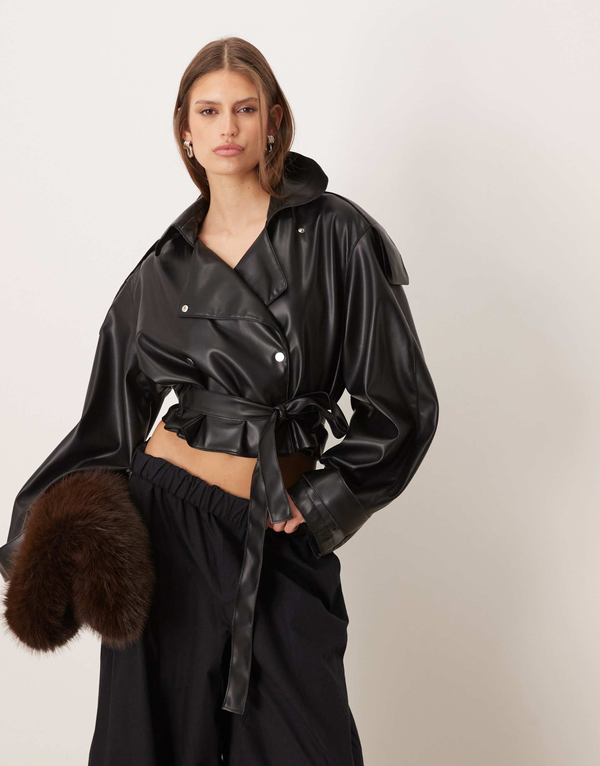 asos design faux leather trench cropped jacket in black
