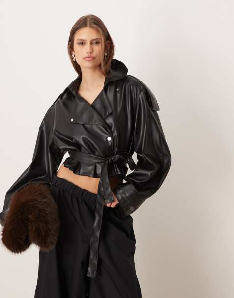 ASOS DESIGN faux leather trench cropped jacket in black