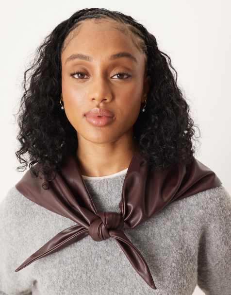 ASOS DESIGN faux leather triangle scarf in dark plum - view 1