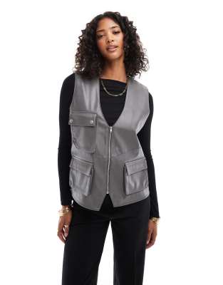 faux leather utility pocket detail vest in gray