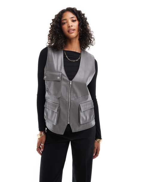 ASOS DESIGN faux leather utility pocket detail vest in grey - view 1