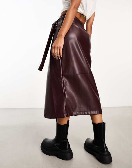 ASOS DESIGN faux leather utility wrap midi skirt in burgundy