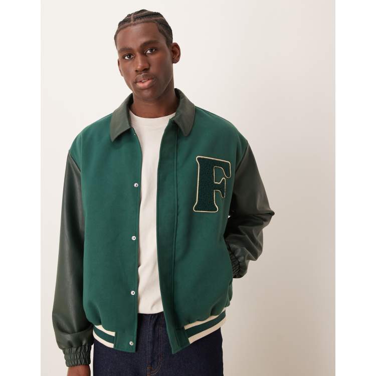 ASOS DESIGN faux leather varsity jacket in green | ASOS