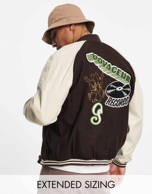 Mens Embroidered Varsity Jacket with Faux Leather Sleeves and