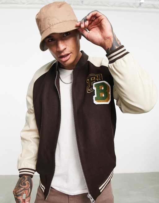 ASOS Real Leather Varsity Jacket in Green for Men